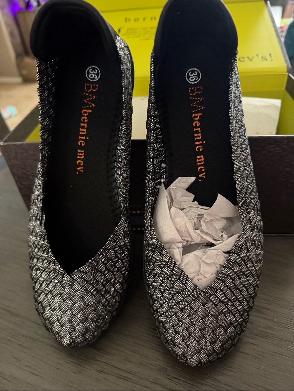 bernie mev. Metallic Silver Woven Ballet Flats